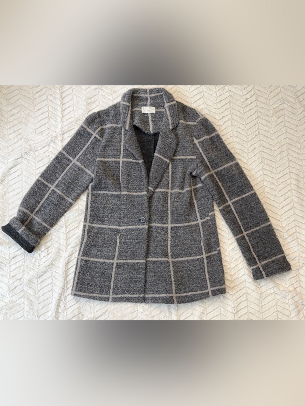 Z Supply Gray Windowpane Sweater Blazer Jacket Large Soft Knit